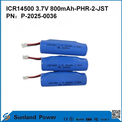 Baterai ICR14500 3.7V 800mAh-PHR-2-JST-Kabel 10mm